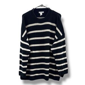 H&M Sweater Women’s Size XL Black White Striped Ribbed Knit Pullover‎